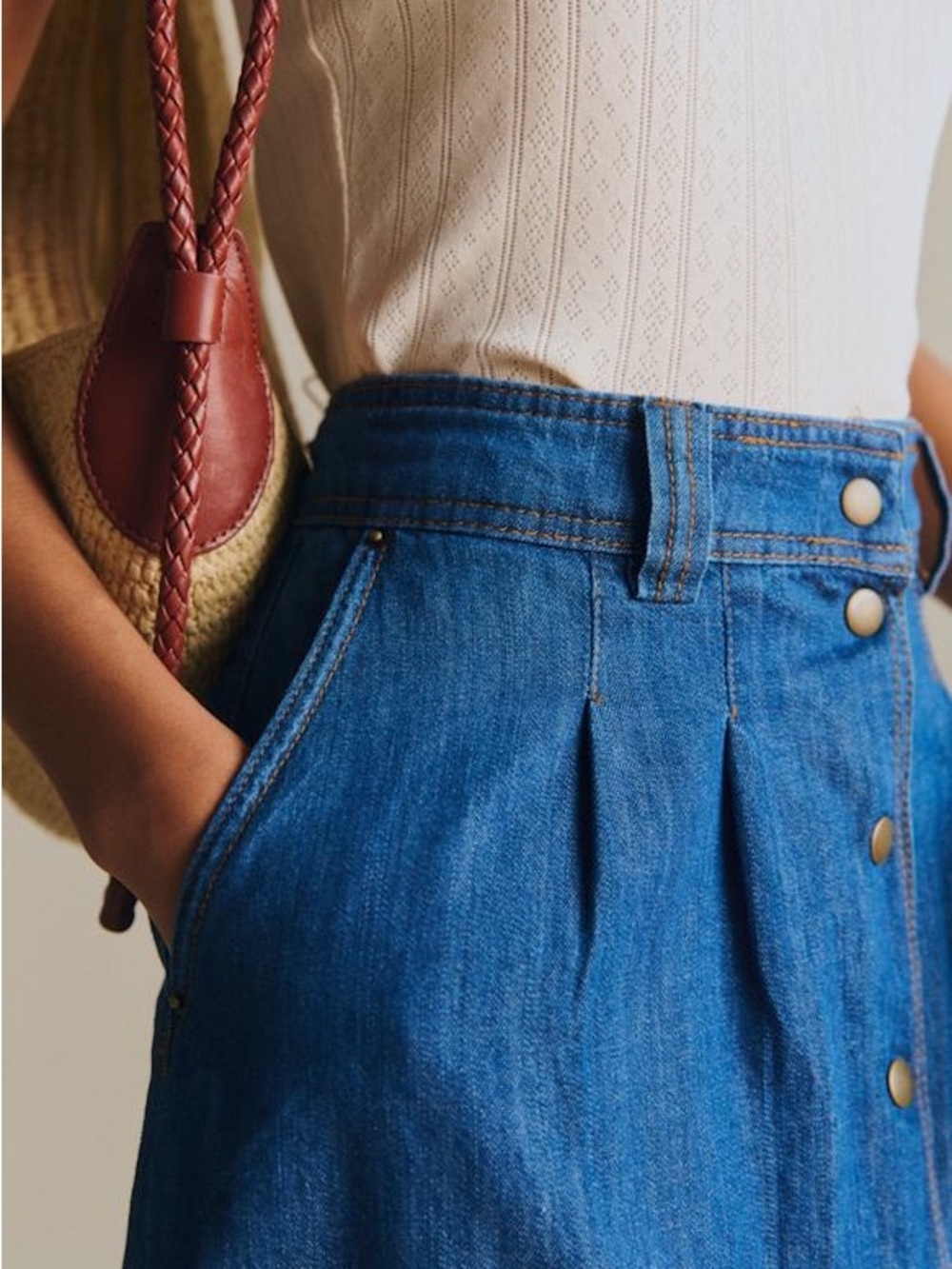 Sezane Clarine Midi Skirt Denim Button Front A Line Cotton Blue Size Small 36 - Picture 4 of 11